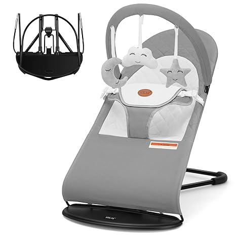HKAI Baby Bouncer, Portable Baby Bouncer Seat for Babies 0-18 Months, 100% Cotton Fabrics, 3 Modes of use with Rocker and Stationary Options, Infant Rocker Chair with Hanging Toys-Dark Grey