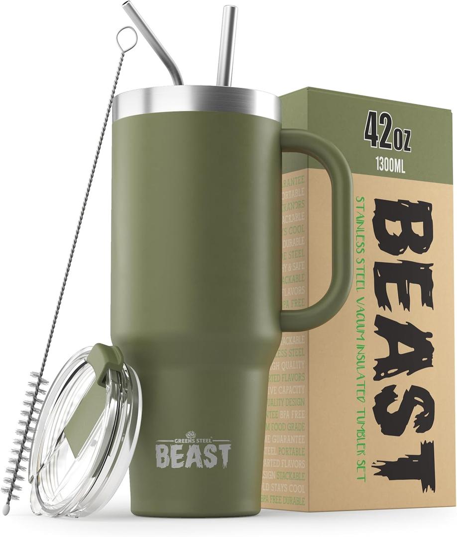 Beast 42 oz Tumbler with Handle Stainless Steel Vacuum Insulated Coffee Ice Cup Double Wall Travel Flask (Army Green)
