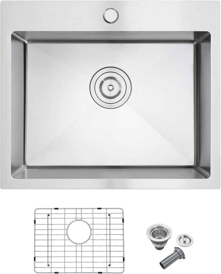 22"x18" Drop-In Kitchen Sink, 304 Stainless Steel Single Bowl Sink, D22"xW18"xH9"