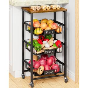 Giwil Vegetable Fruit Basket for Kitchen Pantry Organizers Storage, 4-Tier Utility Rolling Cart on Wheels with Wood Top and Drawer Wire Baskets for Onions Potatoes Snacks, Black