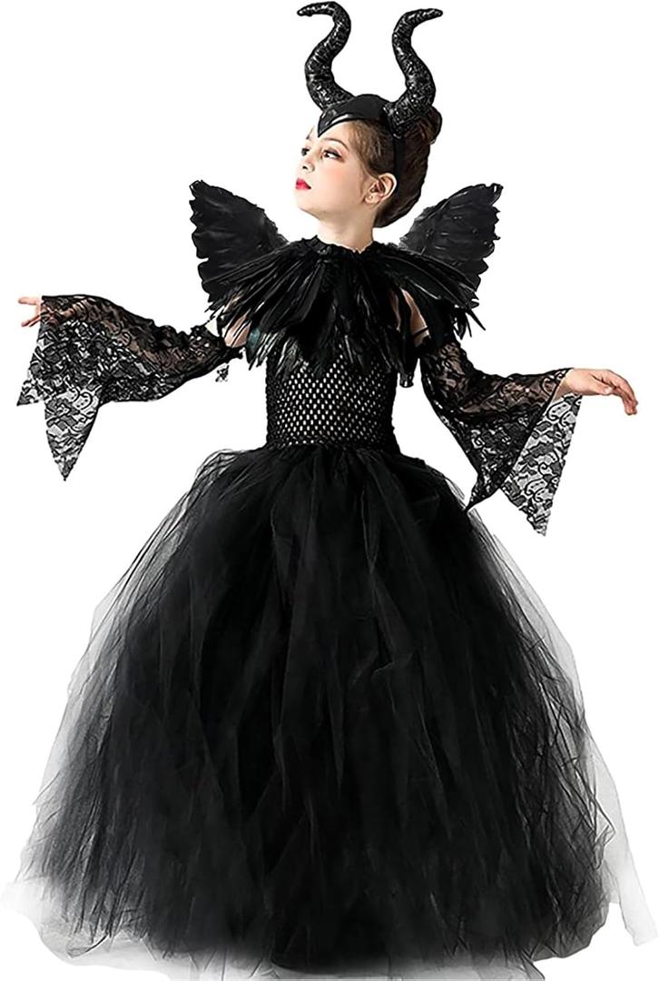 Halloween Maleficent Costume for Girls: Evil Queen Dress Up Costumes Witch Devil Handmade Knitted Tulle Dress Cosplay (Small, Black)