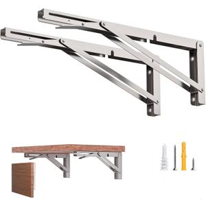 14-Inch Foldable Brackets for DIY Folding Shelves or Tables, L Shelf Brackets Collapsible, Heavy Duty Stainless Steel, Max Load 300lbs, Silver, 2 Pcs