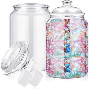 mwellewm 2 Pc Candy Jar with Lids 1 Gallon Large Candy Containers with Spoon Clear Plastic Cookie Dispenser Airtight Apothecary Storage Organization Snack Buffet Bar Dish for Wedding Home Classroom