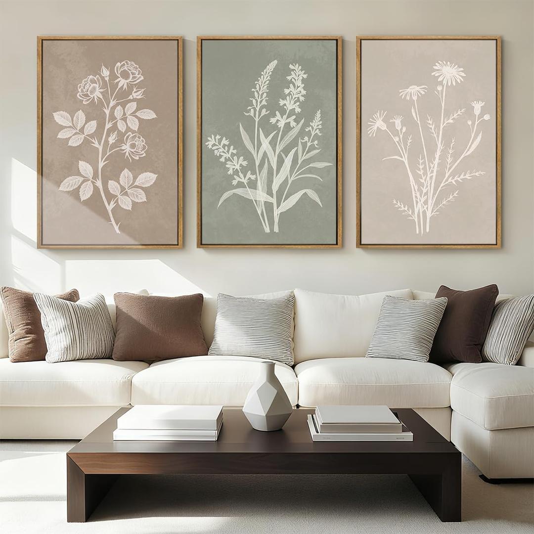 Anyzal Extra Large Boho Botanical Framed Wall Art 24x36 Inch Farmhouse Floral Canvas Wall Decor Neutral Minimalist Plant Painting for Living Room Bedroom Dining Room Set of 3
