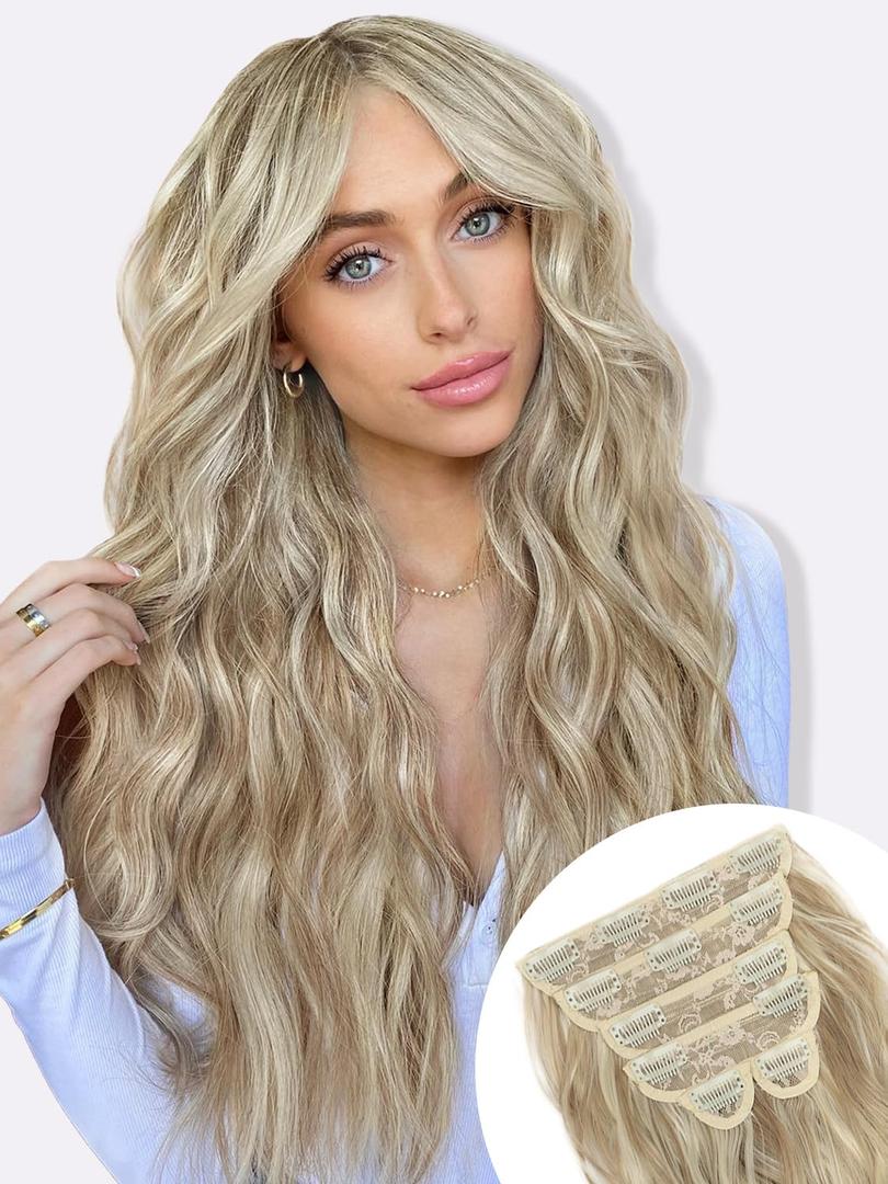 ALXNAN Clip in Hair Extension，6PCS Beach Blonde Long Wavy Hair Extension 20 Inch Thick Soft Synthetic Hair Double Weft Hairpieces for Women