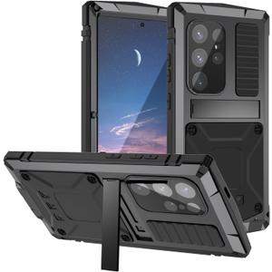 Metal Heavy Duty Case for Samsung Galaxy S25 Aluminum Military Grade Rugged Case with Metallic Stand Screen Protector Screws Dustproof Shockproof Full Cover for Man (Black)