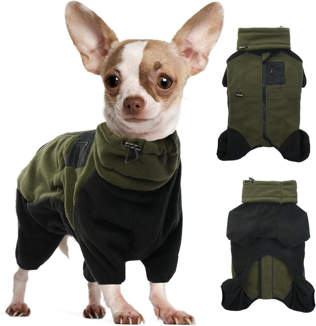 DENTRUN Small Dog Winter Coat, Warm Fleece Jacket with Removable Turtleneck, Dog Cozy Sweater for Puppy Cold Weather, Windproof Costume, Soft Woolly Pajamas (Green+Black) S
