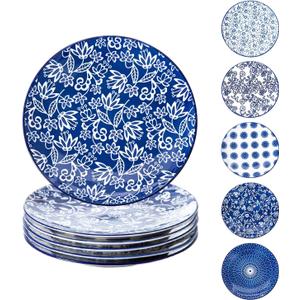 Ceramic Salad Plates Set - 8.5 Inch Kitchen Small Round Dinner - Scratch Resistant Porcelain Microwave Oven Dishwasher Safe - Dishes for Sandwich Dessert Appetizer - Set of 6 - Vintage Blue