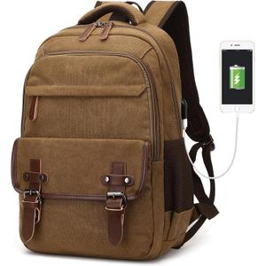 Canvas Laptop Backpack with USB Charging Port, Vintage Daypack for Men Women, Brown Travel Work Rucksack College Computer Bag Bookbag Fits 15.6 Inch Laptop, Brown