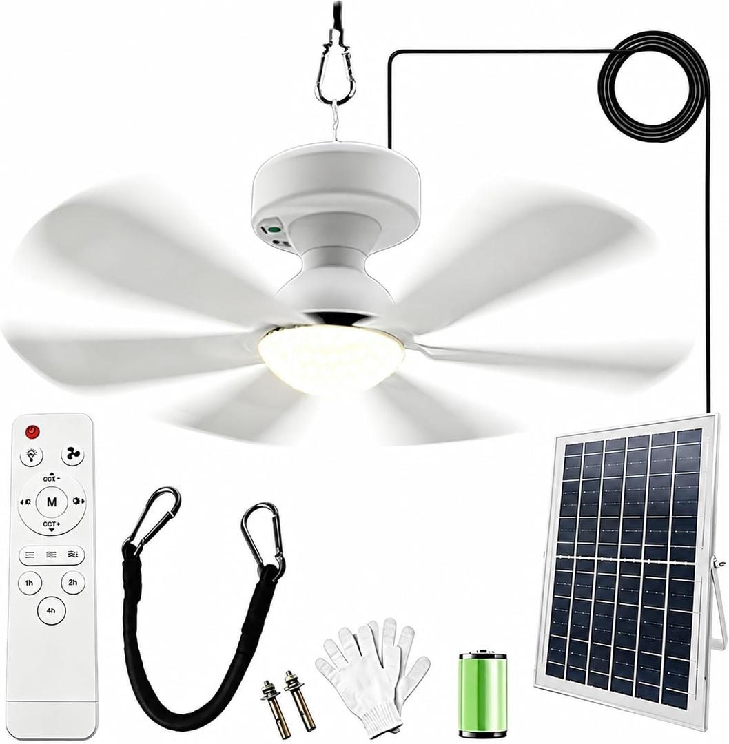Solar Ceiling Fan Light, Portable Gazebo Fan with 15W Solar Powered Fans with Remote Control, Rechargeable Battery Operated Portable Outdoor Camping Fans for Outside, Patio, Canopy, Shed, RV, Tent, Fan diameter: 16.5inches/42cm