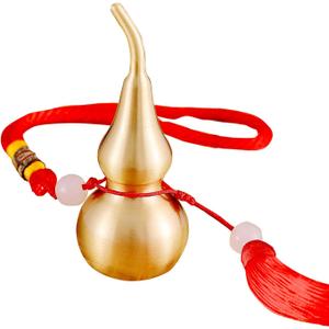 Feng Shui Brass Wu Lou Golden Gourd with Red Luck Strip Treasure Pendant for Bedroom,Car Hanging Ornaments,Fortune Protection,Hu Lu Bring Good Luck Safty Success,2.75inch Tall,Full Brass