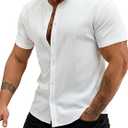 WDIRARA Men's Button Front Short Sleeve Shirt Casual Round Neck Tops, L