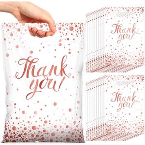 Pajean 100 Pcs Thank You Bags Bulk Small Thank You Plastic Gift Bags with Handle Dots Goodie Treat Shopping Wrap for Birthday Party Favors Business Wedding Baby Shower, 6.7" x 9.8"(White Rose Gold)