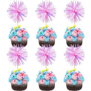 Gyufise 30Pcs Foil Firework Cupcake Toppers Sparkle Tinsel Cake Toppers Tinsel Drink Cake Decoration Cocktail Picks for Birthday Wedding Graduation Party Supplies Laser Rose Red