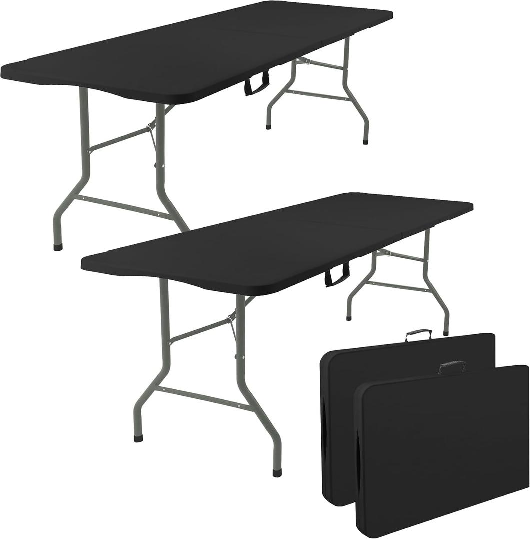 Fivenl 2 Pack 6 Feet Portable Folding Table Black, Steel Legs Fold-in-Half with Carrying Handle Rectangular Plastic Foldable Table for Party, Wedding, Camping, Picnic, Dining, Indoor Outdoor Events  6 FT, Black, 2