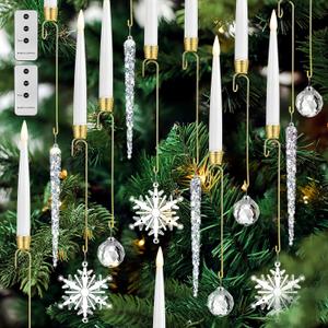 Baquler 12 Pcs Christmas Tree Candles with Remote, Flameless LED Taper Candles Battery Operated Lights with Ball Icicles Snowflake Hooks Xmas Hanging Decor for Winter New Year Party (White)