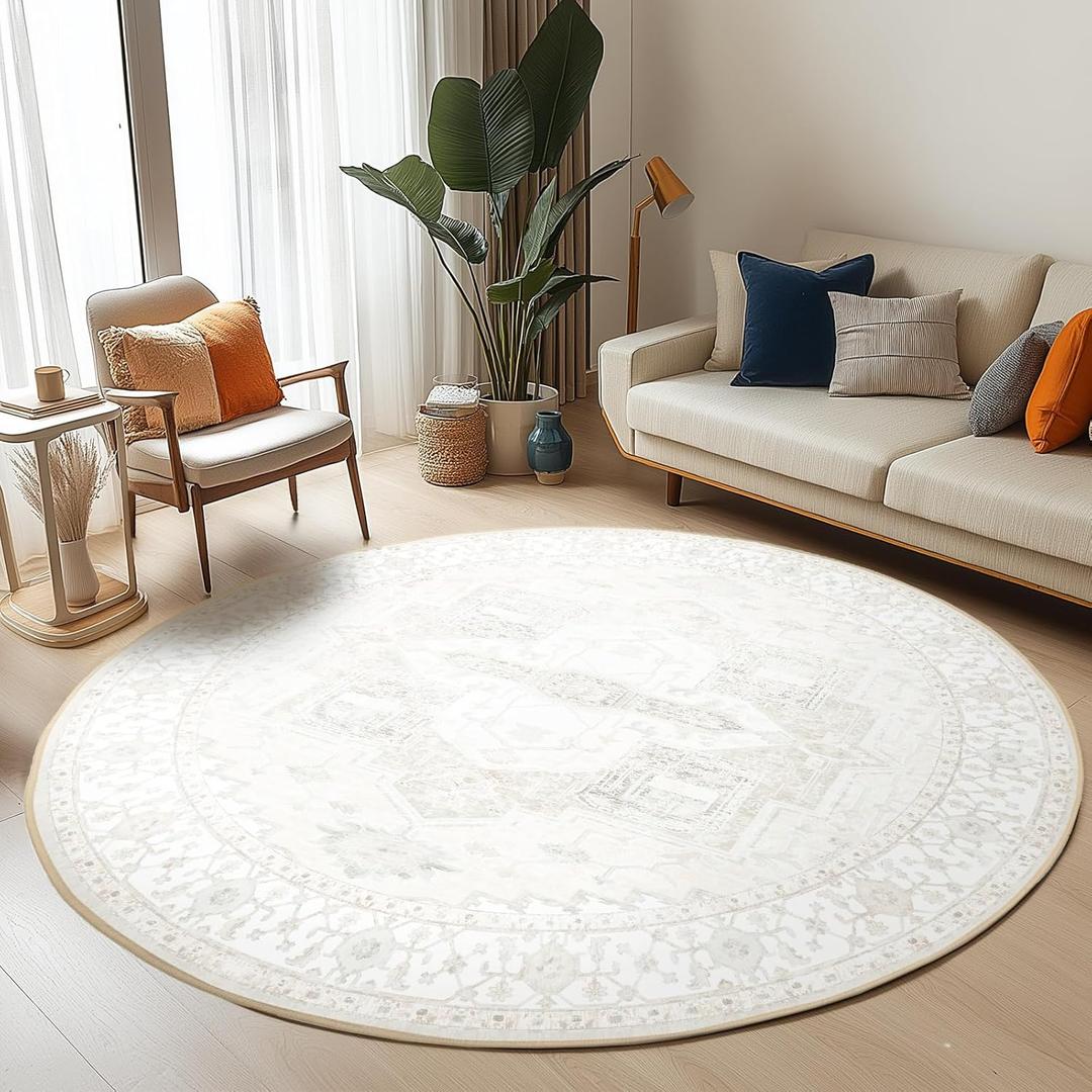 Washable 6ft Area Rugs, Rugs for Living Room, Low-Pile Water&Stain Resistant Carpet Vintage Distressed Printed Non-Slip Carpet for Bedroom Bathroom Kitchen-Cream White