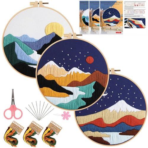 Konrisa Embroidery Kits for Adults Beginner Landscape Painting Pattern Stamped Embroidery Starter Kit DIY Sewing Needlepoint Cross Stitch Practice Kit,Set of 3