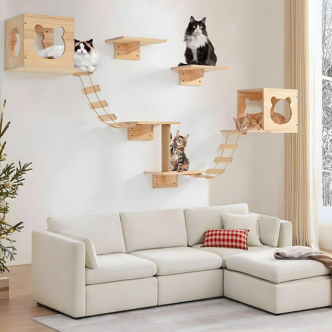 PETKABOO Cat Wall Shelves and Perches, Pine Wooden Cat Wall Furniture Climbing Shelves with Climber, Condo, Scratching Post, Ladder & Platform