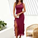 DRESSTELLS Women Formal Wedding Guest Long Cocktail Party One Shoulder Mesh Ruched Bodycon Maxi Ruffle Slit Dress (Red, L)