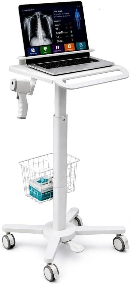 MB-C13-4 Height Adjustable, Lightweight, Anti-Theft, Anti-Slip Medical Laptop Workstation Trolley Cart with Wheels, Oral Scanner Holder, Basket Storage | Tabletop for Dental Office, Hospital, Clinic