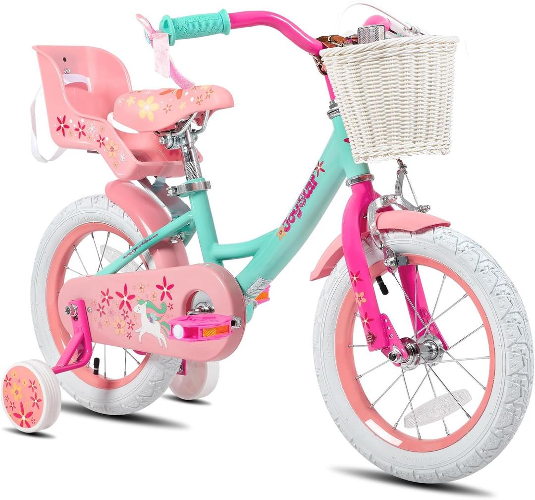 JOYSTAR Unicorn Kids Bike for Girls Ages 2-9 Years Old, 12 14 16 18 Inch Kids Bike with Training Wheels, Doll Seat, Streamers and Basket, Toddler Girls Bike, Multiple Colors (Green)