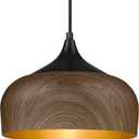 ELYONA Modern Pendant Light Walnut Wooden Pattern Dome Pendant Light Fixture Matte Black Metal Gold Inner Finish Adjustable Hanging Lighting for Kitchen Island Dining Room Office Hallway Foyer Bedroom