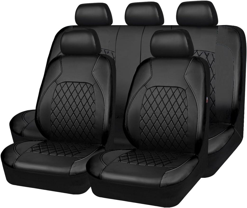Universal Deluxe Pu Luxury Vinyl Faux Leather Car Seat Covers Full Set, Airbag Compatible, Breathable, Fit for Cars, Trucks, SUV (All Black) (Black and Black)