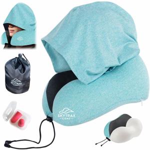 Travel Pillow with Extra Large Hood for Airplane Long Flights Privacy and Comfort Memory Foam with Skin-Friendly Cover for Road Trip Head&Neck Support for Plane Office Cars Sleeping & Rest (Mint Blue)