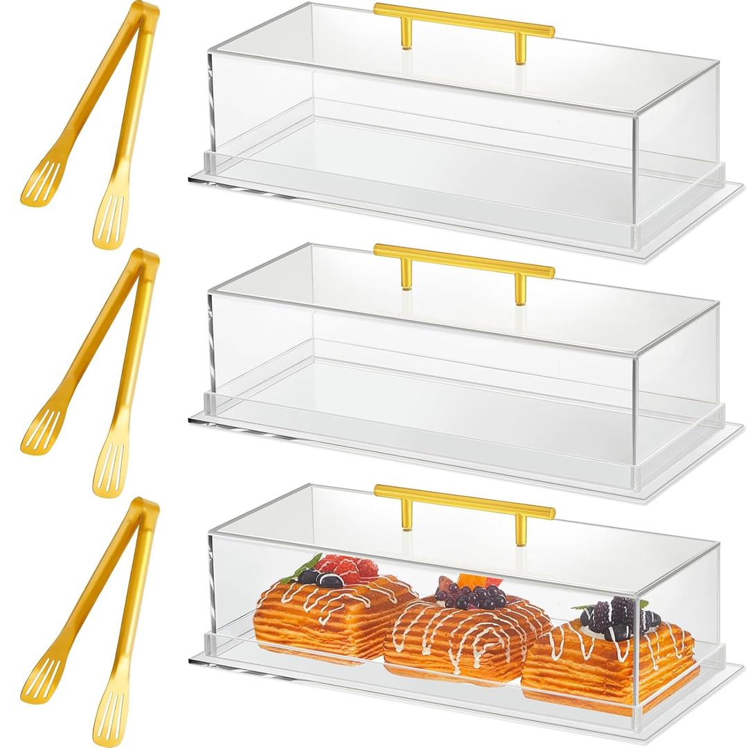3 Pcs Acrylic Bakery Pastry Display Case with 9'' Serving Tong 14"x6"x4" Rectangular Clear Acrylic Serving Tray Dessert Cake Tray with Lid for Party Banquets