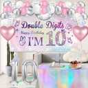 10th Birthday Decorations for Girls,49pcs Silver Dazzle Double Digits Banner, Iridescence Tablecloth, Sash, Tiara, Butterfly Decor, Happy 10th Birthday Cake Topper, Candles, Balloons Arch