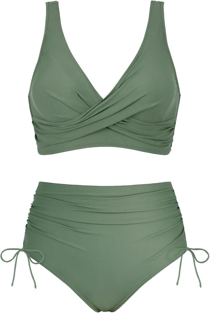 Women's High Waisted Bikini Sets V Neck Twist Front Ruched Bathing Suit Padded Lace Up Back Two Piece Swimsuit (S)