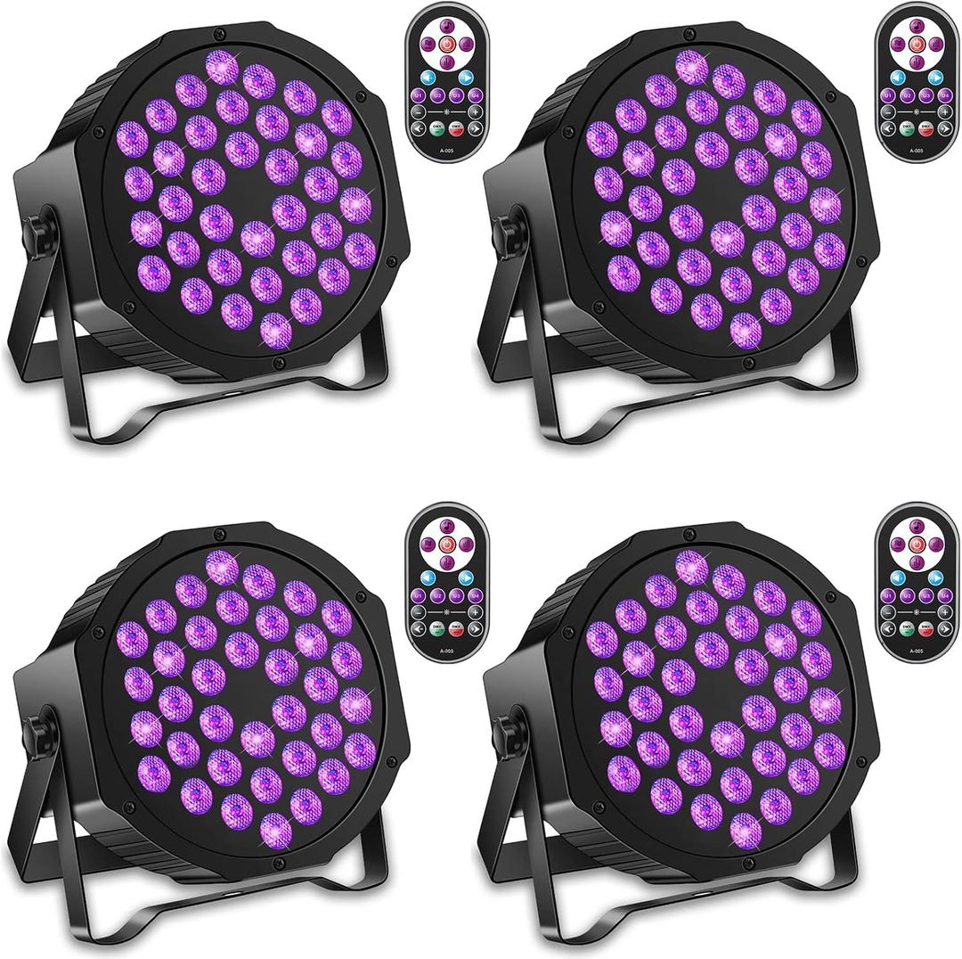 U`King Black Lights 72W UV 36LED Blacklight Glow in The Dark Black Light with Remote Control DMX Sound Activated Strobe Par Can Lights for Halloween Parties Birthday Wedding DJ Stage Tapestry (4 Packs)