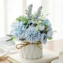 Artificial Flowers in Pot, Mini Blue Hydrangea Artificial Flower with Ceramic Vase for Desk Decorations, Flower Centerpieces for Tables (Blue)