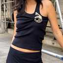 Solid Color Tank Tops - Y2K Strap Tank Top with Metallic Accessory Trendy Casual Streetwear Fashion Hotsweet (Black, M)