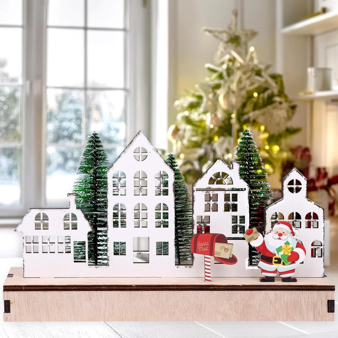 CCINEE Pre-Lit Wooden Christmas House Tree Tabletop Decor, LED House Tree with Lights Luminous Wood House Tabletop Decor for Winter Xmas Holiday Party