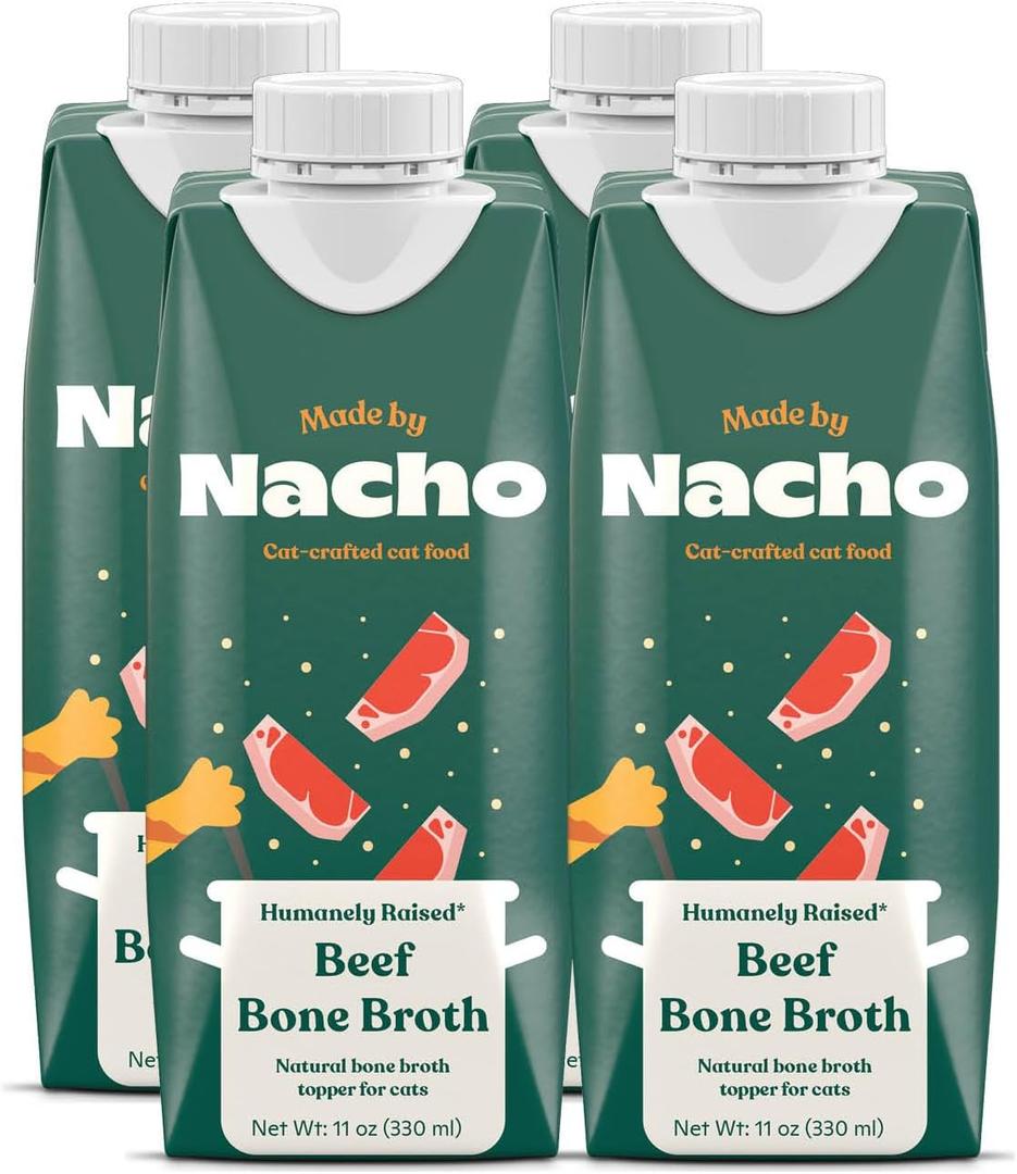 Made by Nacho Bone Broth Cat Food Topper for Hydration and Picky Eaters - Add Protein and Flavor to Your Dry Cat Food Supports Optimal Nutrition, Digestion, Skin & Coat, 11 oz. Beef (Pack of 4), BBD 06/04/2026