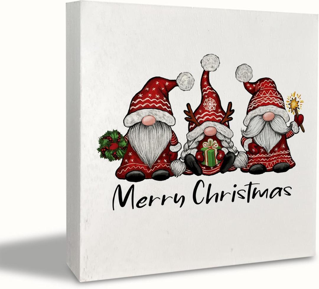 KEUSPI Merry Christmas Wooden Sign,Christmases Gnome Wood Sign Plaque,Merry Christmas Signs Decor for Table,Christmases Gnomes Signs for Home Decor 5x5 inch