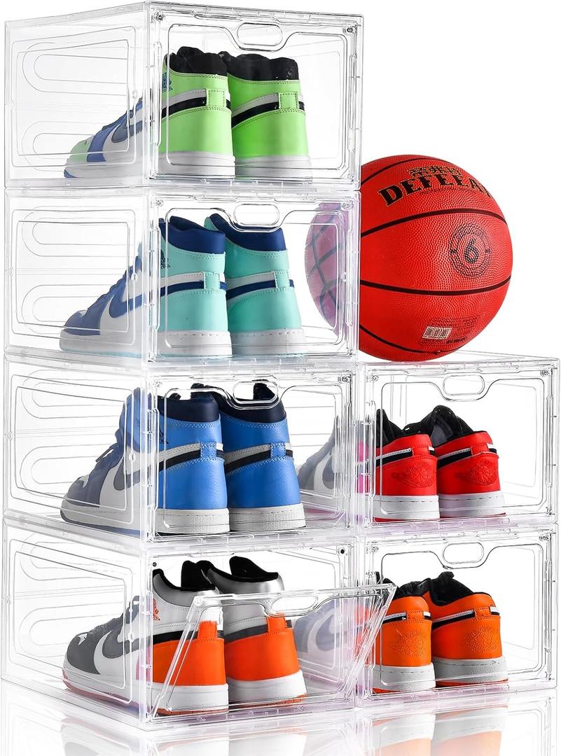 INSTY 6 Pack Large Shoe Storage Box, Clear Shoe Storage Organizer with Magnetic Door, Stackable,Shoe Containers For Display Sneakers, Easy Assembly, Fit up to US Size 12, Clear