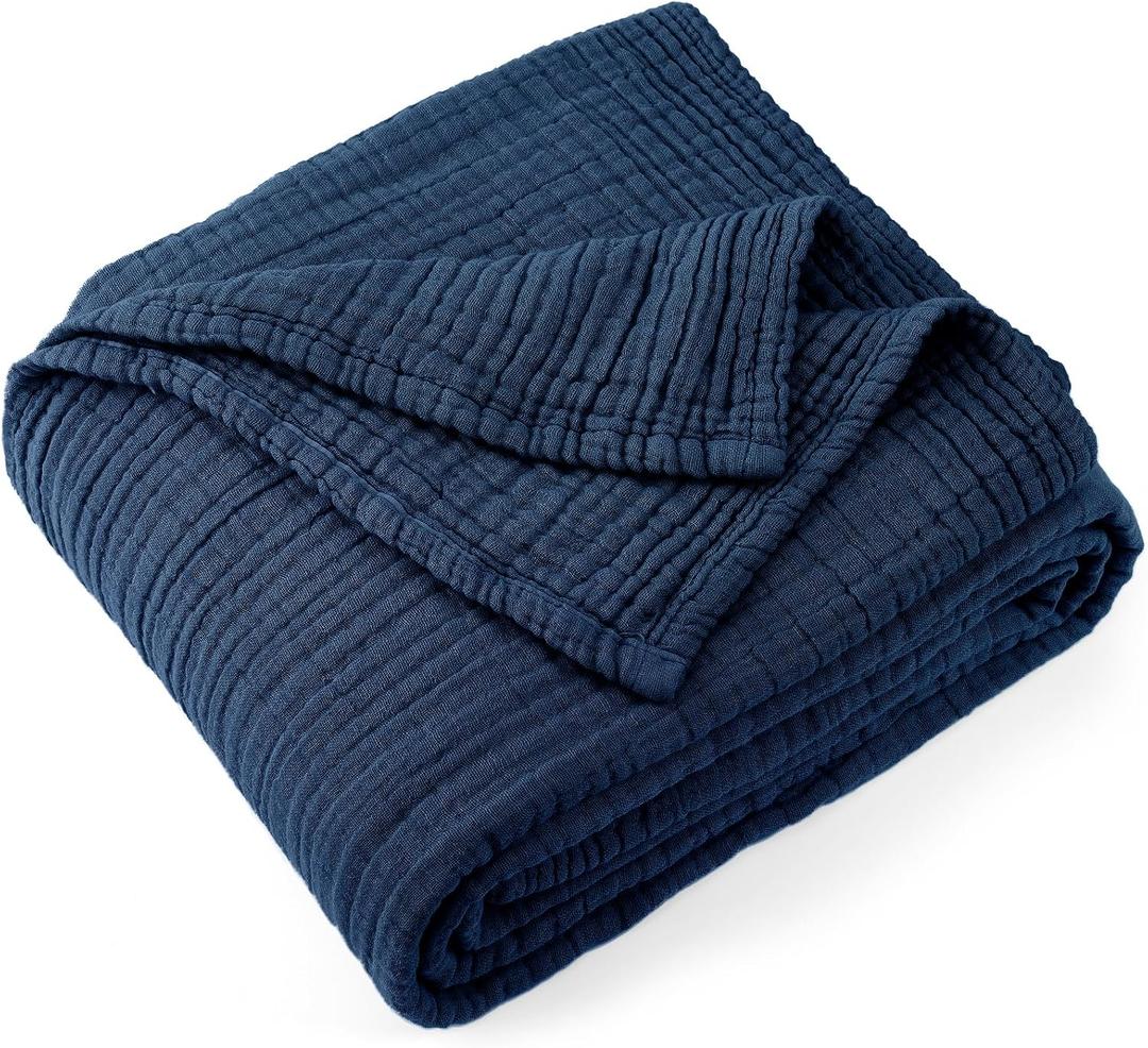 Carriediosa 100% Cotton Muslin Throw Blanket 108x 90 Summer Gauze for Adult | 4-Layers King Size Throws for Bed Sofa Couch, Soft Lightweight Breathable Linen Blankets Bedspread All Season, Navy Blue