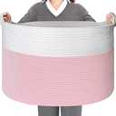 Extra Large Storage Basket - 23.6" x 23.6" x 14.1" Pink Blanket Basket Living Room, Soft Toy Baskets Storage Kids Dogs, Cotton Rope Woven Toy Storage Bin Box, Throw Pillow Holder Organizer (White and Pink)