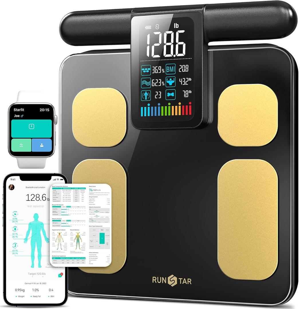 RunStar Scale for Body Weight and Fat Percentage, 8 Electrodes High Precision Digital Scale for BMI 28 Body Composition Measurement, Bathroom Smart Scales with Large Color Display FSA&HSA Eligible (BlackGold)
