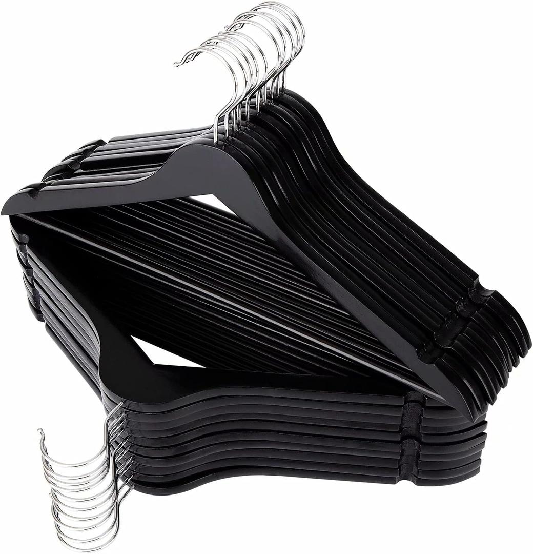 ELONG HOME Solid Wooden Hangers 20 Pack, Wood Suit Hangers with Extra Smooth Finish, Precisely Cut Notches and Chrome Swivel Hook, Wooden Clothes Hangers for Shirt Coat Jacket Dress, Black