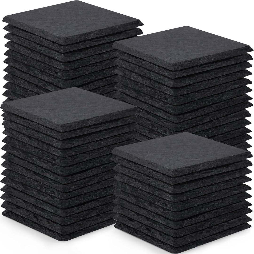 60 Pieces Slate Drink Coasters, GOH DODD 4 Inch Black Coasters Stone Coaster Set, Laser Engraving Blanks with Anti-Scratch Bottom for Home Office Kitchen Housewarming Gifts Wedding Party, Square