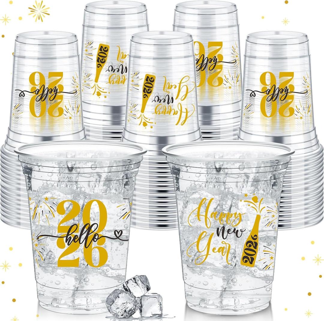 Layhit 50 Pcs Happy 2026 New Year Plastic Cups 12 oz Clear Plastic New Year Holiday Cups Festive Drinking Disposable Eve Party Supplies