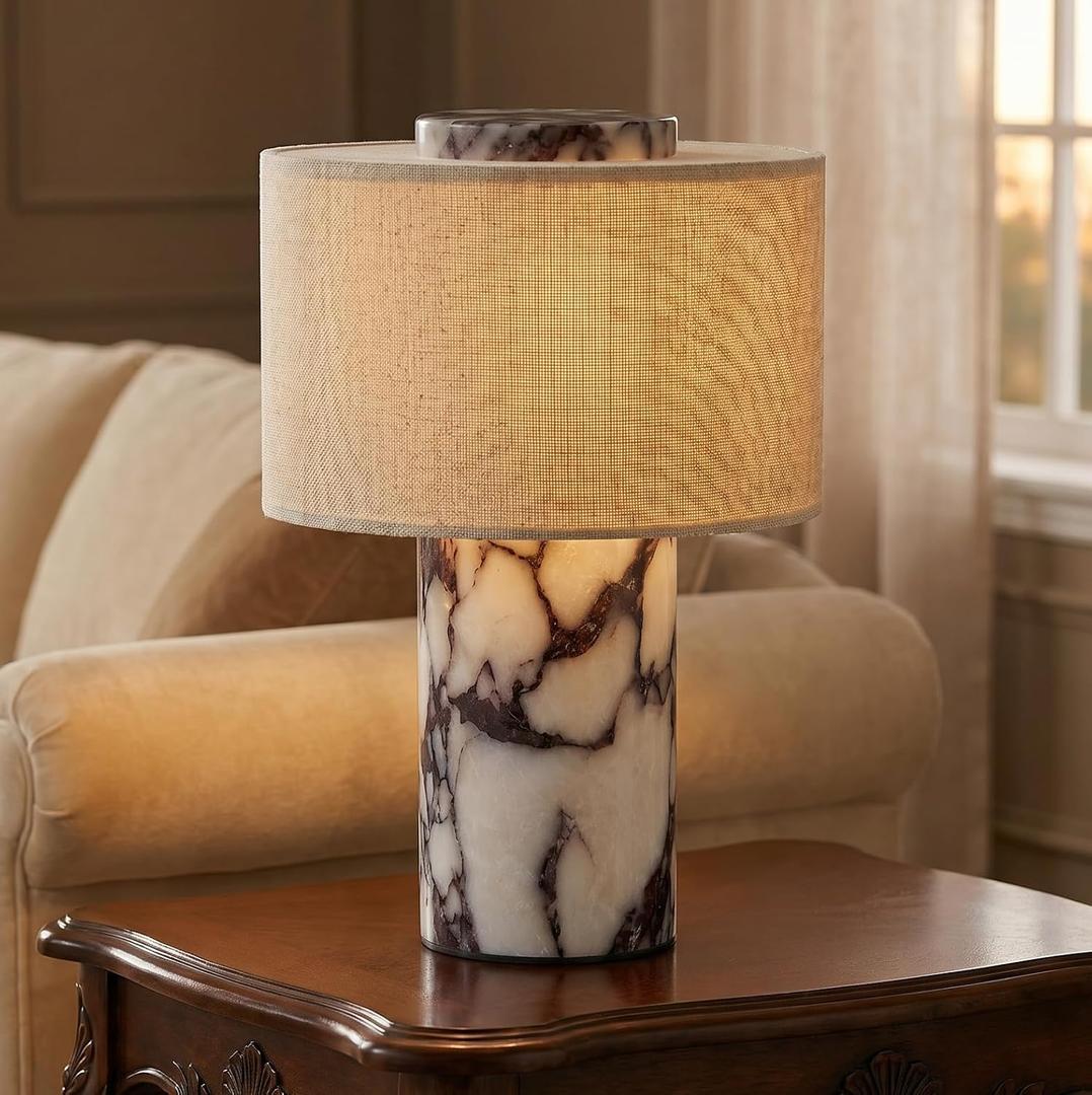 SAMAH Marble Touch Lamp, Luxury Stone Table Lamps, Rechargeable Cordless Night Light, Linen Cloth Fiber Lampshade for Home Decor Bedroom Office, Housewarming Gifts for Women Men (Calacatta Viola)