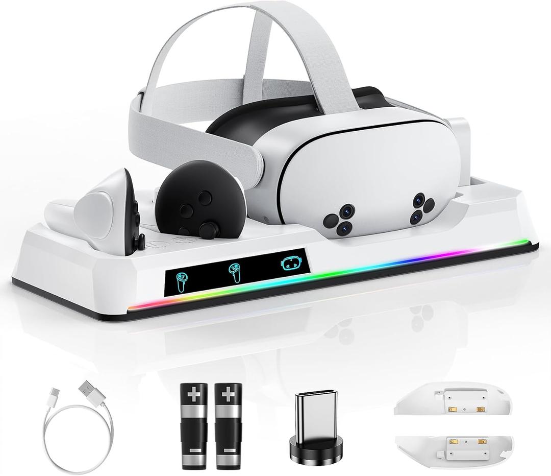 Charging Dock for Oculus Quest 3/3S, Magnetic VR Charger with 2 Rechargeable Batteries for Oculus Quest 3S/3 Accessories, VR Headset & Charger Controller Supports LED Indicator