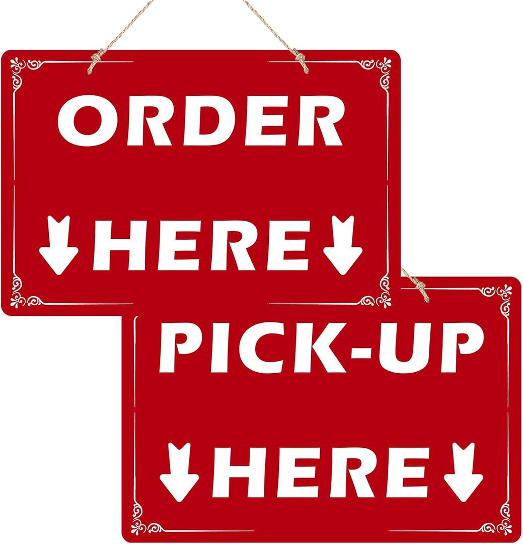 Order Here and Pick Up Here Signs,2 Pack Double-Sided Order Here Signs Pick Up Hers Sign with 4 Twines,Suitable for Restaurants, Cafes, and Bars,Bakery-12"x8"-Red,Acrylic