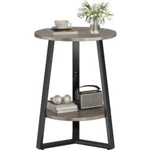 sthmec Small Round End Table, 2 Tier Side Table with Storage Shlef,Coffee Table Wooden Tabletop & Metal Frame,Round Accent Table Small Nightstands Couch Tables for Bedroom,Livingroom, Grey, 15.75''D x 15.75''W x 21.62''H