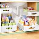 Under Sink Organizer, 2-Pack Pull Out Cabinet Organizer 2 Tier Metal Slide Out Storage Shelf Rack, L-Shaped Adjustable Height,Mesh Sliding Drawer for Kitchen, Bathroom, Laundry, Pantry, White, XL